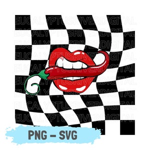 May include: Red lips with a green chili pepper sticking out of them, set against a black and white checkered background. The text "PNG - SVG" is at the bottom of the image.