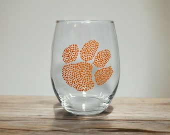 Clemson Tigers Wine Glass | Custom Hand Painted Stemless Wine Glass | Gift Present | SEC College Football | Clemson | South Carolina
