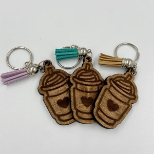 Frappuccino Keychain with Engraved Heart || Coffee Keychain || Blue, Purple, or Tan Tassel