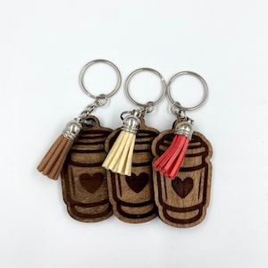 Coffee with Heart Laser Engraved Wood Keychain || Pink Tan Cream Tassel