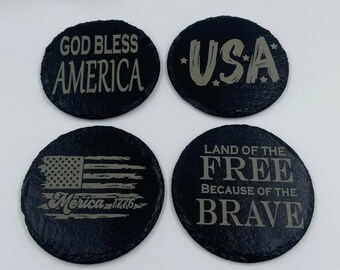 Round Slate Patriotic Engraved Coaster Set // Laser Engraved Set of 4 / USA Patriot American