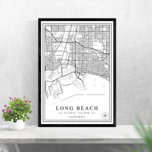 Long Beach mapa de la ciudad descarga digital diseño de impresión en blanco y negro de los Estados Unidos póster decoración de arte de pared imprimible regalos personalizados