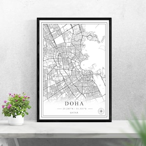 Doha mapa de la ciudad descarga digital diseño de impresión en blanco y negro de Qatar póster pared arte decoración imprimible regalos personalizados