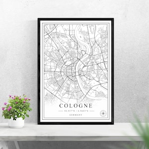 Mapa de la ciudad de Colonia descarga digital diseño de impresión en blanco y negro de Alemania cartel pared arte decoración imprimible regalos personalizados