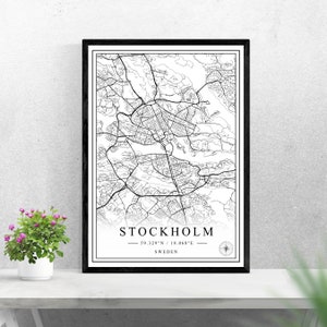 Mapa de la ciudad de Estocolmo descarga digital diseño de impresión en blanco y negro de Suecia cartel pared arte decoración imprimible regalos personalizados