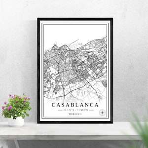 Casablanca Stadtplan digitaler Download schwarz weiß Druck Design von Marokko Poster Wand Kunst Dekor druckbare personalisierte Geschenke