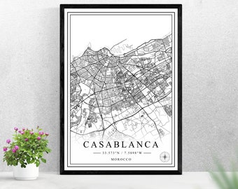 Casablanca mapa de la ciudad descarga digital diseño de impresión en blanco y negro de Marruecos cartel pared arte decoración imprimible regalos personalizados