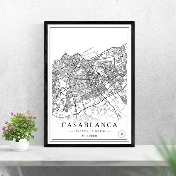 Casablanca city map digital download black and white print design of Morocco poster wall art decor printable personalized gifts