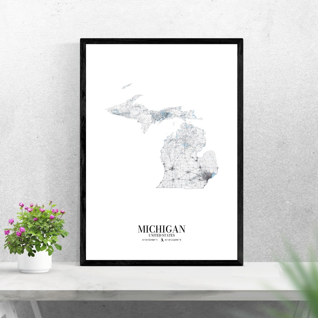 Michigan State Road Map Digital Download, Black and White Print Design