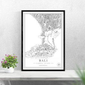Mapa de la ciudad de Bali, descarga digital, diseño de impresión en blanco y negro, póster de Indonesia, arte de pared, decoración, regalos personalizados imprimibles