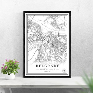 Belgrade plan de la ville téléchargement numérique noir et blanc print design de Serbie affiche art mural décor printable cadeaux personnalisés