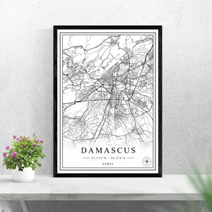 Damasco mappa della città digitale download digitale bianco e nero stampa design della Siria poster wall art decoro stampabile regali personalizzati