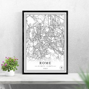 Mapa de la ciudad de Roma descarga digital diseño de impresión en blanco y negro de Italia cartel pared arte decoración imprimible regalos personalizados