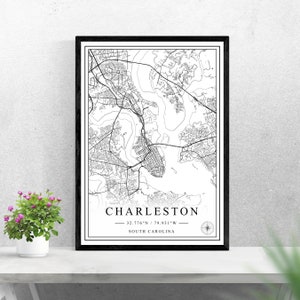 Charleston mapa de la ciudad descarga digital diseño de impresión en blanco y negro de estados Unidos póster decoración de arte de pared imprimible regalos personalizados