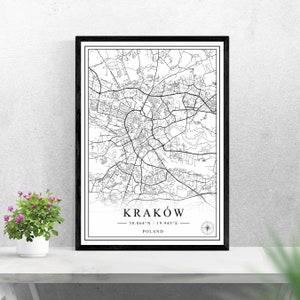 Krakau Stadtplan digitaler Download schwarz weiß Druck Design Polen Poster Wand Kunst Dekor druckbare personalisierte Geschenke