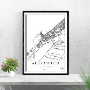 Carte de la ville d’Alexandrie téléchargement numérique noir et blanc print design de l’Egypte affiche art mural décor printable cadeaux personnalisés