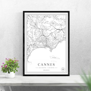 Cannes mapa de la ciudad descarga digital diseño de impresión en blanco y negro de Francia cartel pared arte decoración imprimible regalos personalizados
