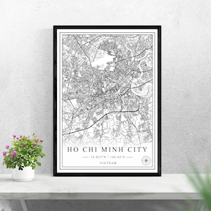Ciudad Ho Chi Minh mapa de la ciudad descarga digital impresión en blanco y negro diseño de Vietnam cartel arte de pared decoración regalos personalizados imprimibles