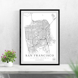 San Francisco Stadtplan digitaler Download schwarz-weiß Druck Design der VEREINIGTEN Staaten Poster Wand Kunst Dekor druckbare personalisierte Geschenke