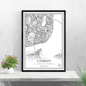Carte de la ville de Lisbonne téléchargement numérique noir et blanc print design de Portugal affiche art mural décor imprimable cadeaux personnalisés
