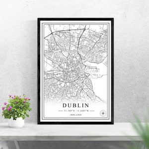 Carte de la ville de Dublin téléchargement numérique noir et blanc print design de l’Irlande affiche art mural décor imprimable cadeaux personnalisés