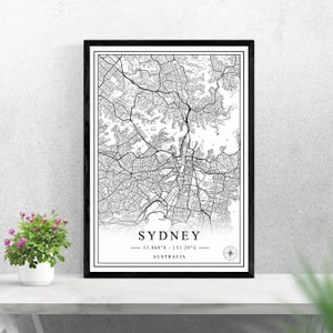 Sydney Stadtplan digitaler Download schwarz weiß Druck Design von Australien Poster Wand Kunst Dekor druckbare personalisierte Geschenke