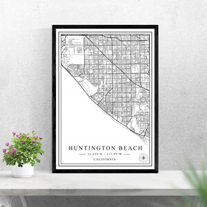 Mapa de la ciudad de Huntington Beach descarga digital diseño de impresión en blanco y negro de estados Unidos póster decoración de arte de pared imprimible regalos personalizados