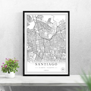 Santiago Stadt Karte digitaler Download schwarz weiß Druck Design von Chile Poster Wand Kunst Dekor druckbare personalisierte Geschenke