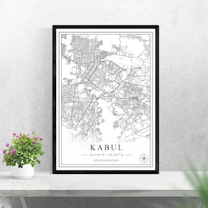 Kabul mapa de la ciudad descarga digital diseño de impresión en blanco y negro de Afganistán póster pared arte decoración imprimible regalos personalizados