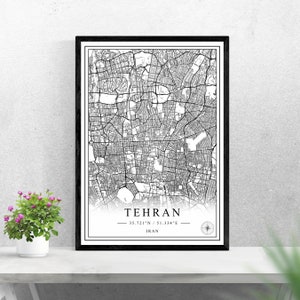 Mapa de la ciudad de Teherán descarga digital diseño de impresión en blanco y negro de Irán póster pared arte decoración imprimible regalos personalizados