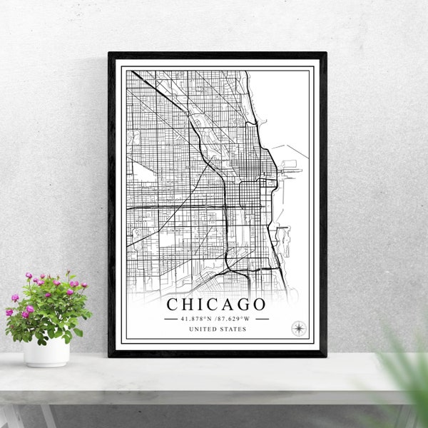 Chicago city map digital download black and white print design of United States poster wall art decor printable personalized gifts
