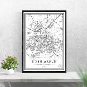 Hoshiarpur stadsplattegrond digitale download zwart-wit printontwerp van India poster kunst aan de muur decor afdrukbare gepersonaliseerde geschenken