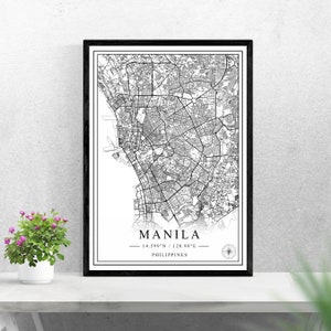 Manila Stadt Karte digitaler Download schwarz weiß Druck Design der Philippinen Poster Wand Kunst Dekor druckbare personalisierte Geschenke