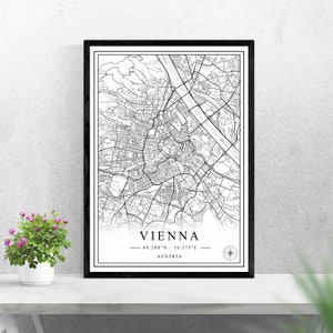 Mapa de la ciudad de Viena descarga digital diseño de impresión en blanco y negro de Austria póster decoración de arte de pared imprimible regalos personalizados