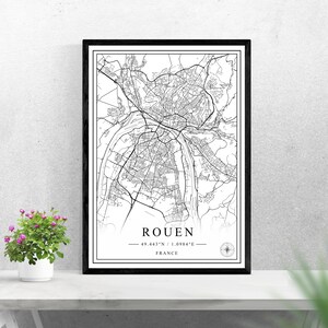 Mapa miasta Rouen do pobrania w wersji cyfrowej czarno-biały projekt wydruku Francji plakat sztuka ścienna dekoracja do druku spersonalizowane prezenty