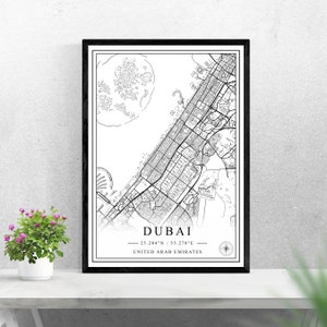 Dubai Stadtplan digitaler Download schwarz weiß Druck Design der Vereinigten Arabischen Emirate Poster Wand Kunst Dekor druckbare personalisierte Geschenke