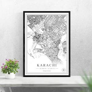 Karachi mapa de la ciudad descarga digital en blanco y negro diseño de impresión de Pakistán cartel pared arte decoración imprimible regalos personalizados