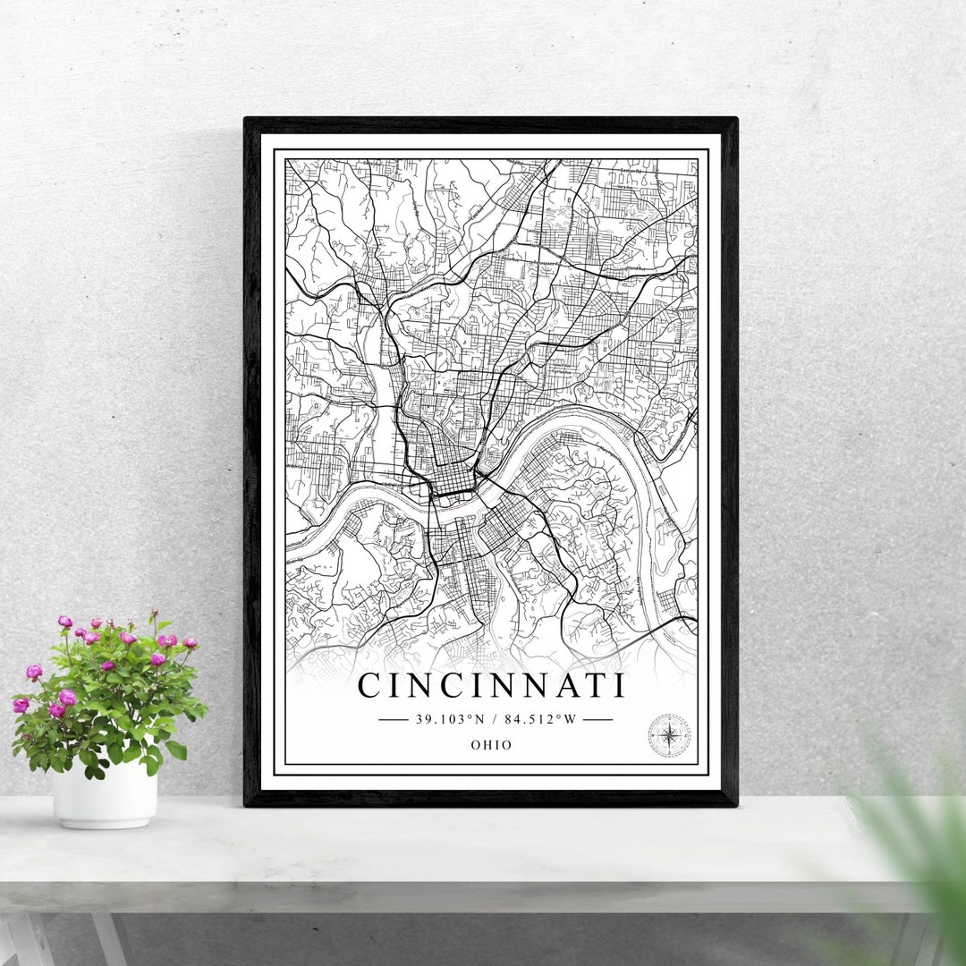 Cincinnati City Map Digital Download Black and White Print Design of ...