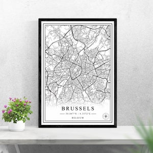 Plan de la ville de Bruxelles téléchargement numérique noir et blanc print design de Belgique affiche art mural décor printable cadeaux personnalisés