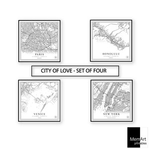 Stadt der Liebe spezielles Set von 4 Stadtplänen digitaler Download schwarz weiß Druck Design Poster Wand Kunst Dekor druckbare personalisierte Geschenke