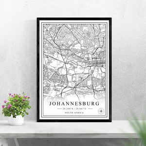 Johannesburg Stadtplan digitaler Download Schwarz-Weiß Druck Design Südafrika Poster Wand Kunst Dekor druckbare personalisierte Geschenke