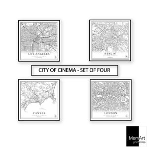 City of Movie Awards spezielles Set von 4 Stadtplänen digitaler Download schwarz/weiß Druck Design Poster Wand Kunst Dekor druckbare personalisierte Geschenke