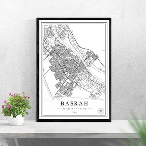 Basrah mappa della città download digitale stampa in bianco e nero disegno dell'Iraq poster wall art decor stampabile regali personalizzati