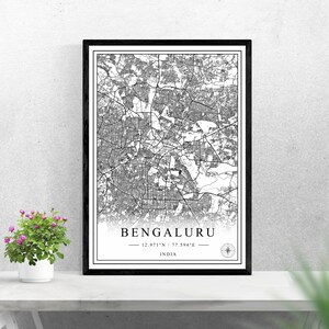 Bengaluru stadsplattegrond digitale download zwart-wit printontwerp van India poster kunst aan de muur decor afdrukbare gepersonaliseerde geschenken
