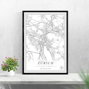 Plan de la ville de Zurich téléchargement numérique noir et blanc print design de la Suisse affiche art mural décor printable cadeaux personnalisés