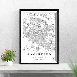Mappa della città di Samarcanda download digitale stampa in bianco e nero design dell'Uzbekistan poster wall art decoro stampabile regali personalizzati