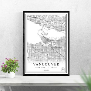 Carte de la ville de Vancouver téléchargement numérique noir et blanc print design de l’affiche du Canada décor d’art mural imprimable cadeaux personnalisés