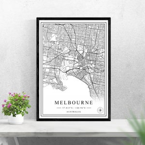 Mapa de la ciudad de Melbourne descarga digital diseño de impresión en blanco y negro de Australia póster decoración de arte de pared imprimible regalos personalizados