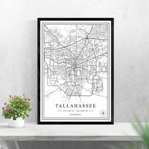 Tallahassee Stadtplan digitaler Download schwarz-weiß Druck Design der VEREINIGTEN Staaten Poster Wand Kunst Dekor druckbar personalisierte Geschenke