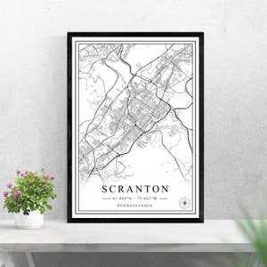Mapa de la ciudad de Scranton descarga digital diseño de impresión en blanco y negro de Estados Unidos póster pared arte decoración imprimible regalos personalizados